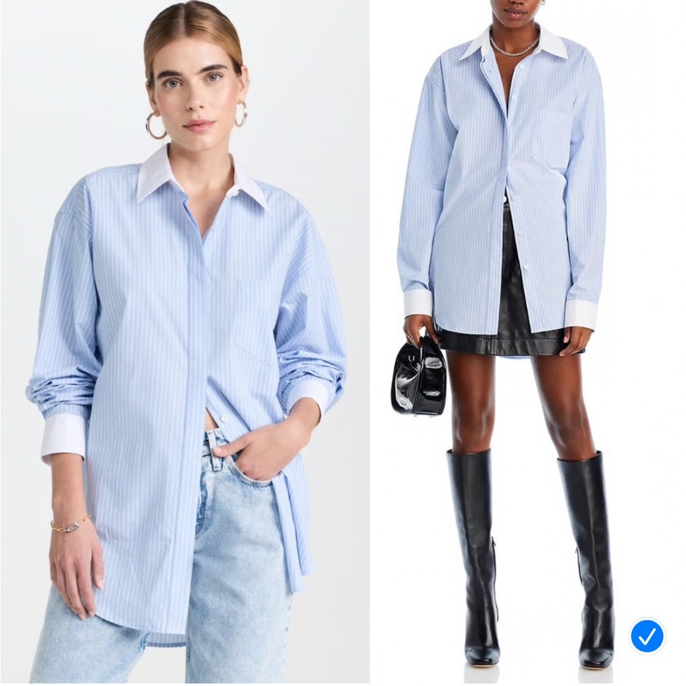 Good American Light Blue and White Striped Dress Shirt